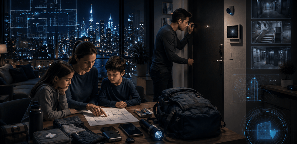 Family in high-rise apartment preparing emergency kit while using smart home security system at night.
