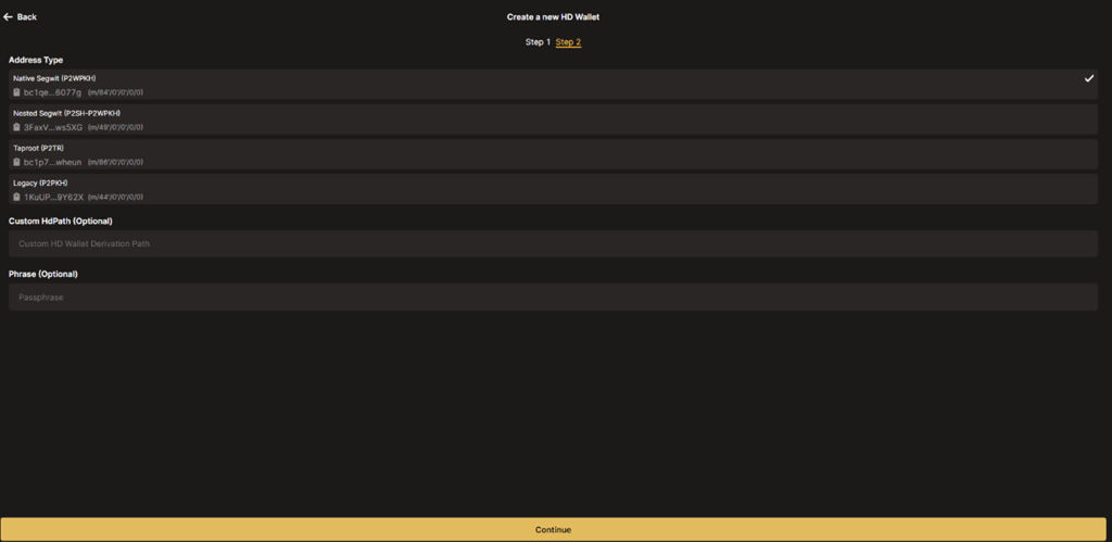 Unisat Bitcoin wallet select typical adress