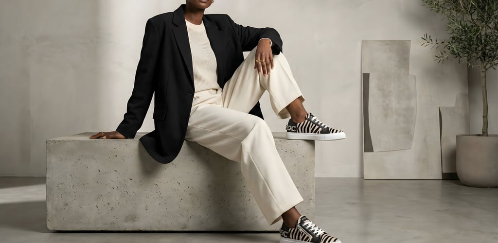A woman wearing a black oversized blazer, cream trousers, and zebra print sneakers sitting on a concrete bench.