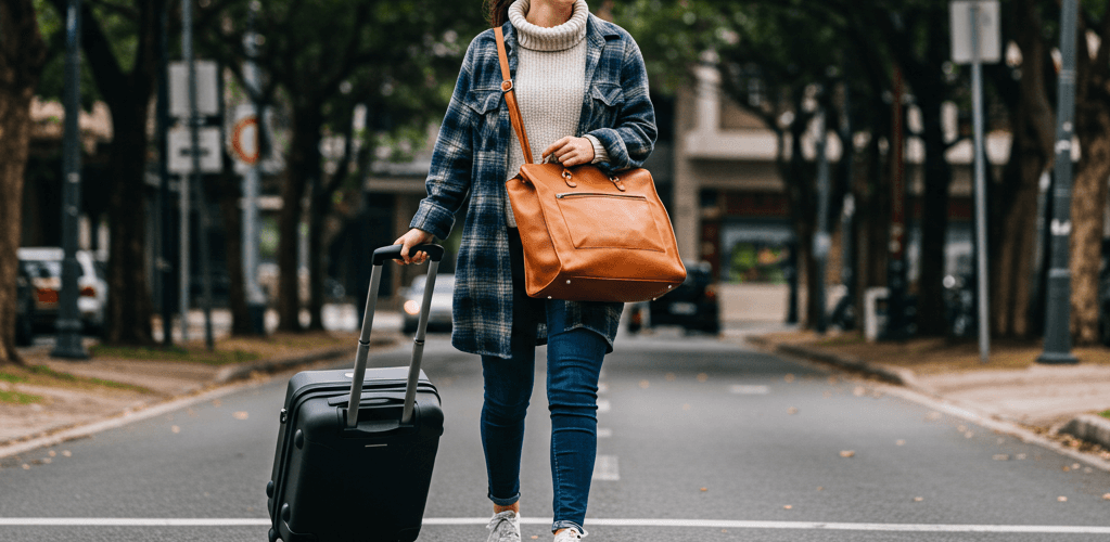 a woman with a suitcase and a handbag