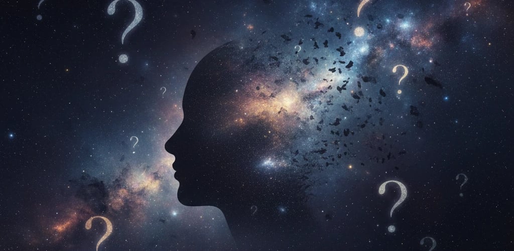 Sleep mystery: a human head silhouette merging with a cosmic background, question marks, profound enigma