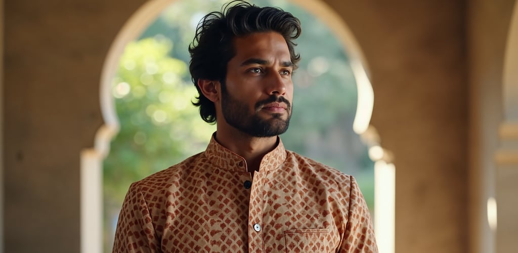 Contemporary block print on natural linen fabric for Mens festive Kurta