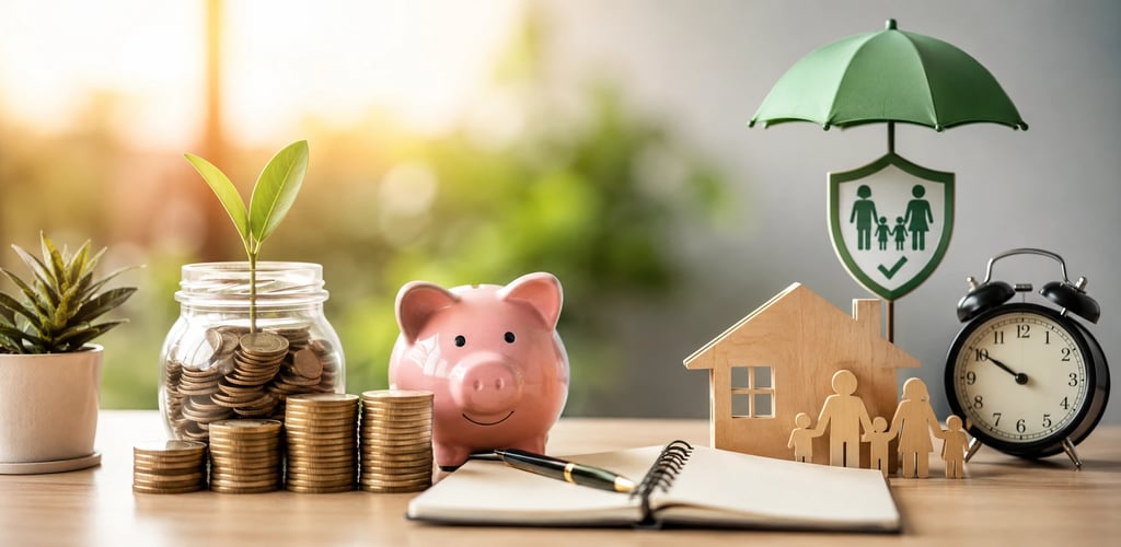 Young Indian family financial planning concept with savings, insurance, and investment symbols