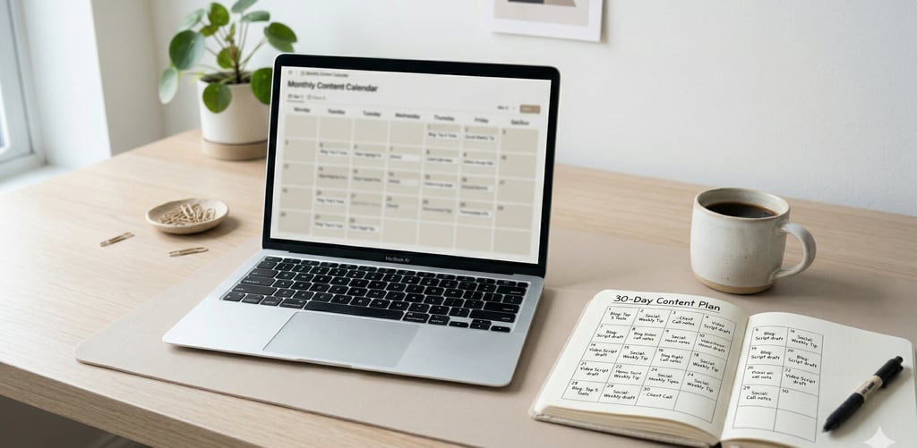Laptop and notebook displaying a structured monthly content plan in an organized workspace