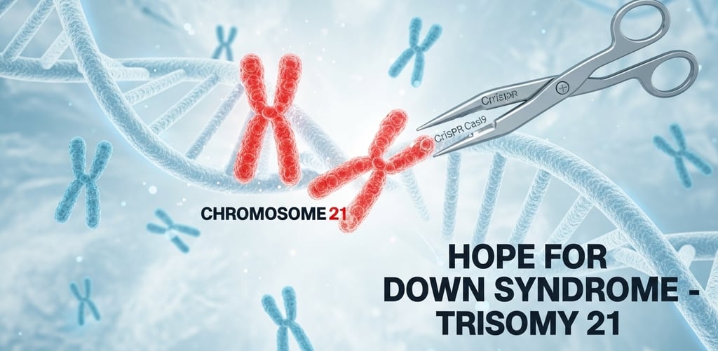 CRISPR तकनीक से डाउन सिंड्रोम (Trisomy 21) के अतिरिक्त क्रोमोसोम को हटाने की अवधारणा दर्शाता थंबनेल 