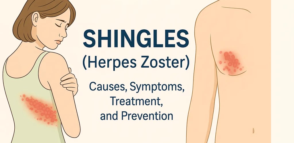 Illustration showing shingles (herpes zoster) symptoms with rash on the torso and chest.