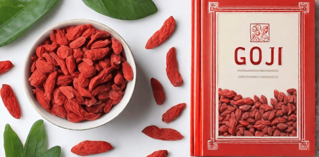 a bowl of goji berries and a book of goji berry