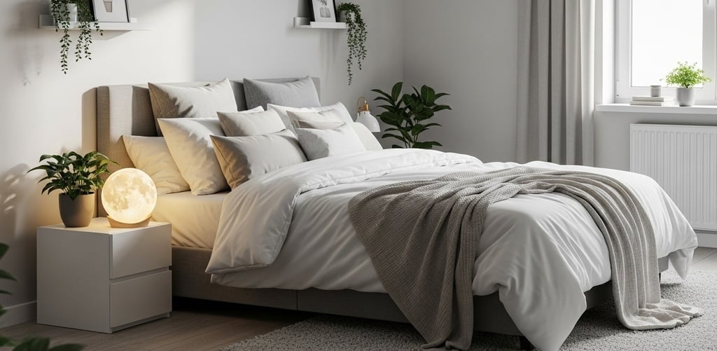Quarto de casal com cores neutras, iluminação suave e decoração aconchegante com luminária 3D