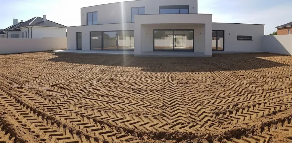 Casa nueva, jardín vacío, el terreno seco preparado para empezar el jardín