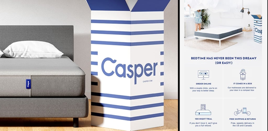 split screen, left side casper mattress, right side their email marketing sample