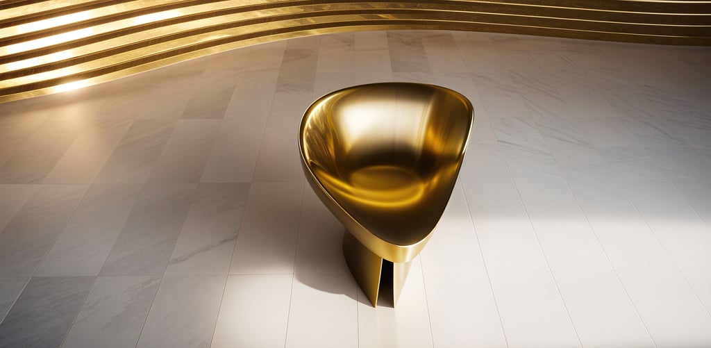 Sculptural seating furniture design in brushed brass with ceremonial form and ambient lighting