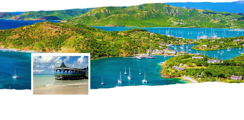 Casinha azul à beira-mar em Dickenson Bay, Antigua, rodeada por coqueiros e mar calmo.