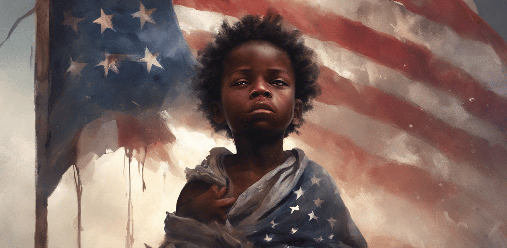 African American Boy draped in American flag 