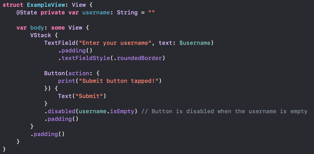snippet of code with disabled modifier