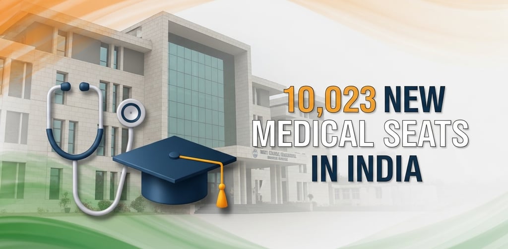 News thumbnail showing medical college, stethoscope, and Indian 10,023 new medical seats india