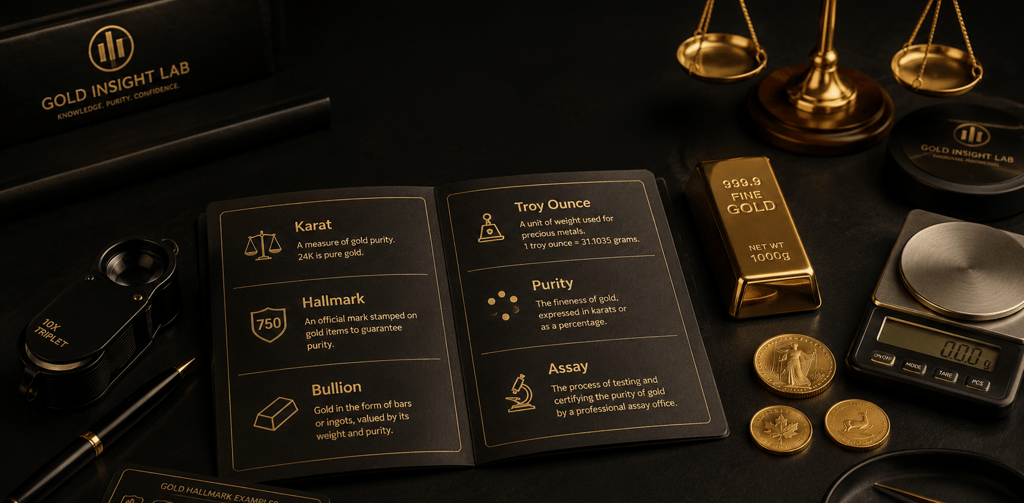 A 1000g gold bullion bar, coins, and a digital scale next to a guide explaining karat, hallmark, and assay terms.