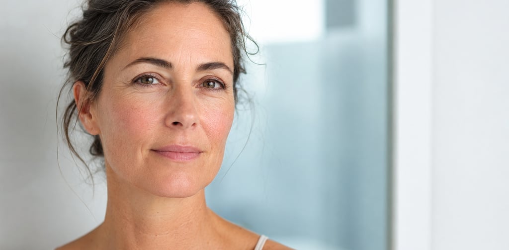 Portrait rapproché d’une femme de 45-50 ans à la peau naturelle et réaliste, éclairée par une lumièr
