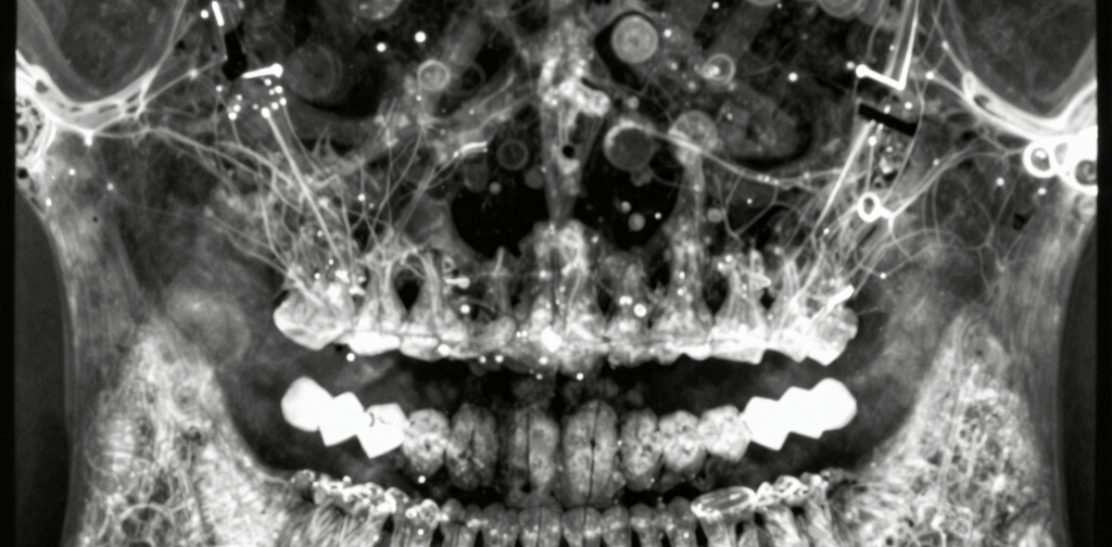 Two dental professionals perform a procedure on a patient. One is wearing specialized eyewear and is focused on using a dental instrument. The patient lies in a dental chair, wearing a protective bib.