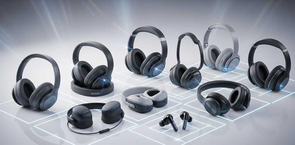 um grupo de fones de ouvido e auriculares em exposição