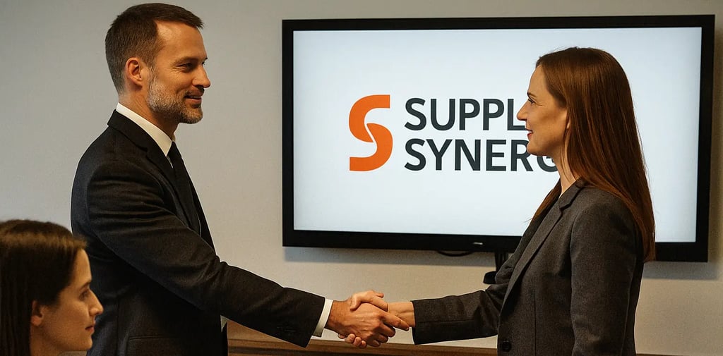 Business consultant shaking hands with client in a modern office meeting room, with the Supplier Synergy logo displayed on a