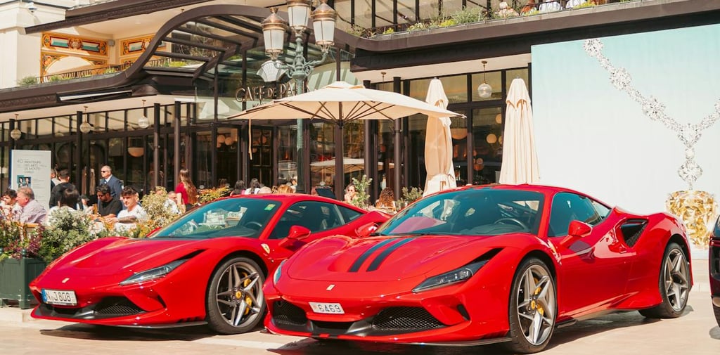 Exotic cars in front of a restaurant during the Monaco Grand Prix