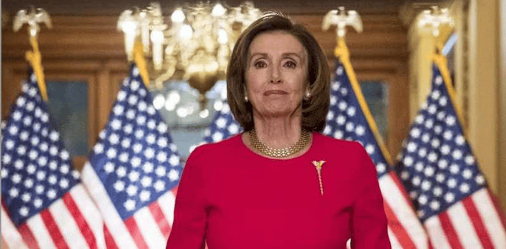 a woman in a red dress standing in front of a group of flags
