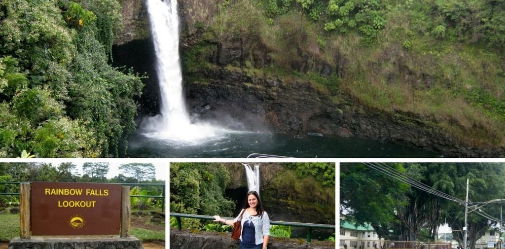 Autora visitando a Rainbow Falls em Hilo, admirando a cachoeira e a vegetação tropical ao redor