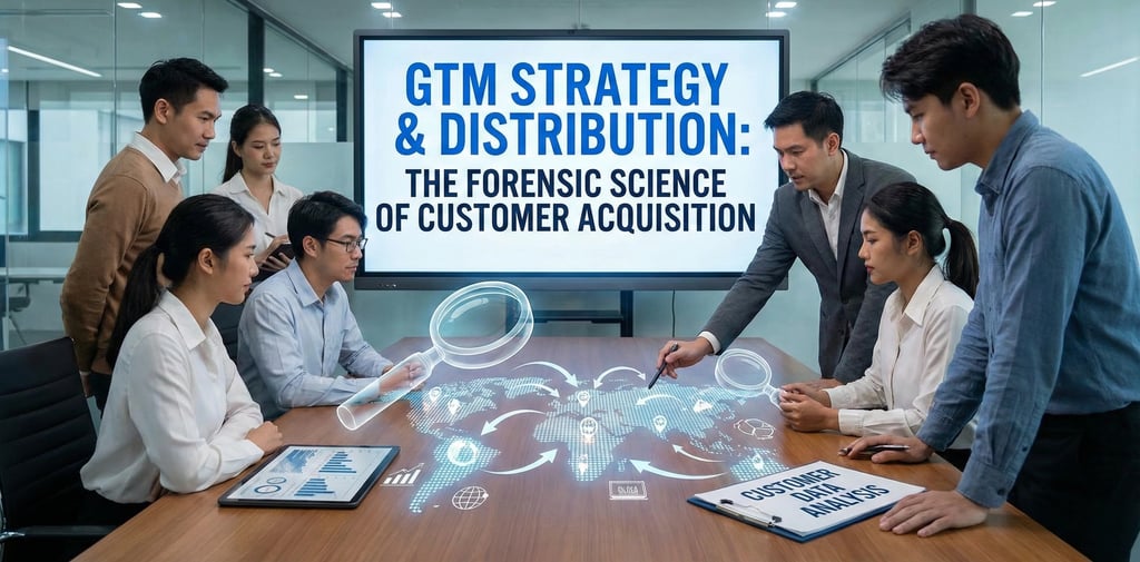 A group of business professionals in a conference room discuss "GTM Strategy & Distribution: The For
