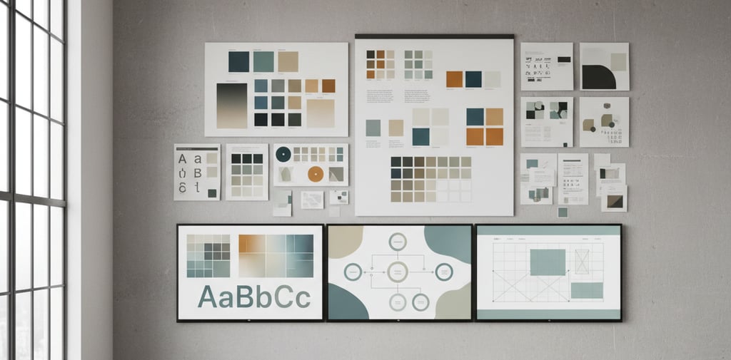 Modern, creative branding studio workspace with mood boards displaying color palettes, typography sa