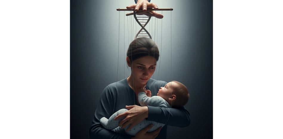 parent holding a baby with subtle puppet strings controlled by a DNA strand, humorously depicting parental love