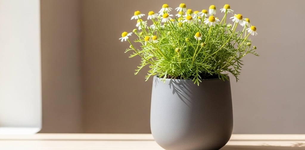 Planta de camomila com flores brancas e vaso decorativo, ideal para cultivo de chá em apartamento