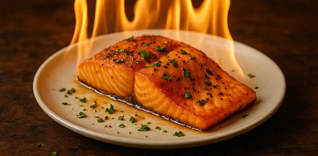 Blackened salmon fillet dramatically engulfed in tall flames on a plate, symbolizing intense heat and bold flavor.