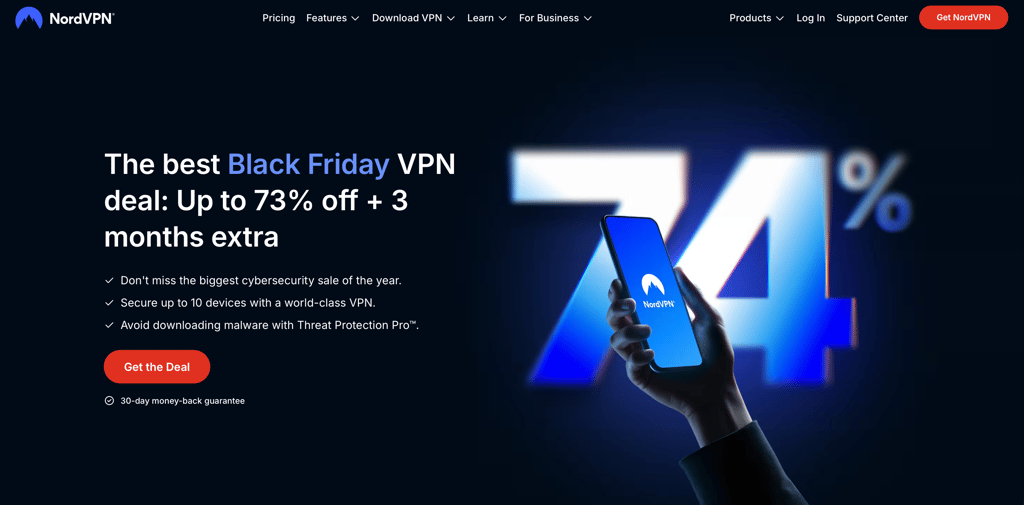 Nord vpn Black Friday 2025 discount and a person holding a cell phone with the best black friday vpn