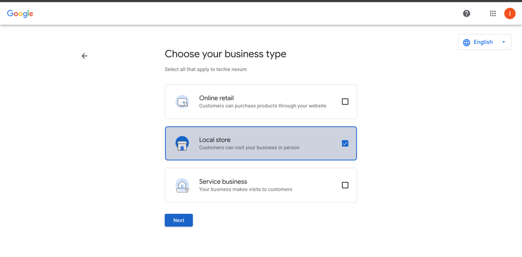Google business profile setup select business type