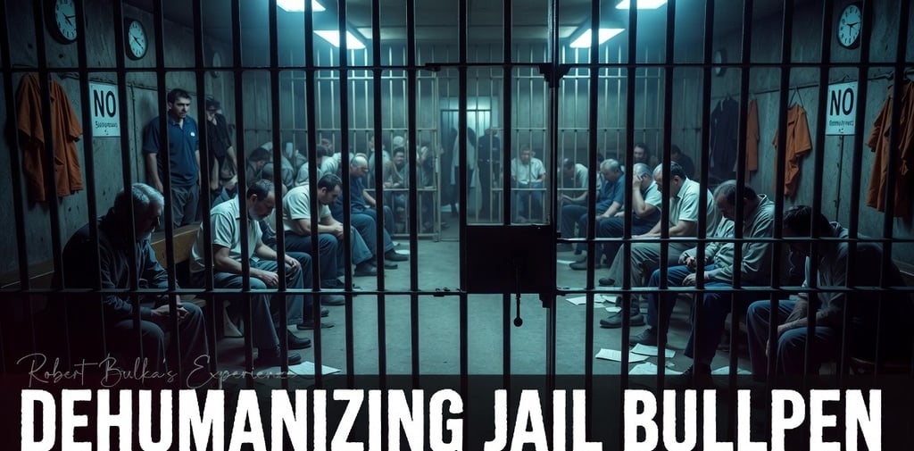 Dehumanizing jail bullpen where child support defendants wait hours in harsh conditions before seein