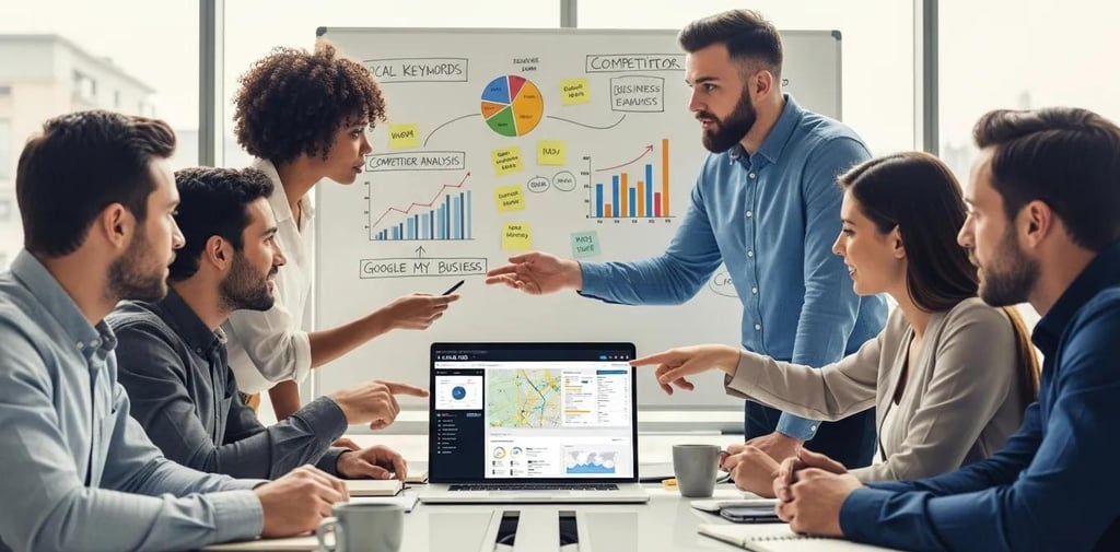 Team collaborating on local SEO strategies in a modern office