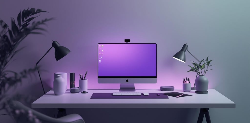 Modern minimalist home office desk with an Apple iMac, purple LED backlight, and desk lamps.