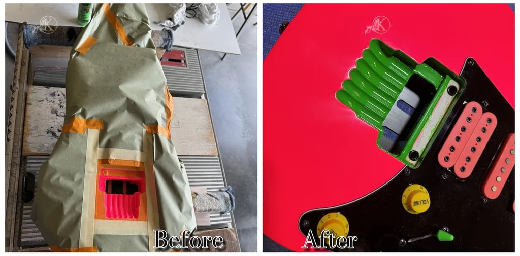 Before and after showing a custom guitar paint job with neon green accents on a bright pink electric guitar body.