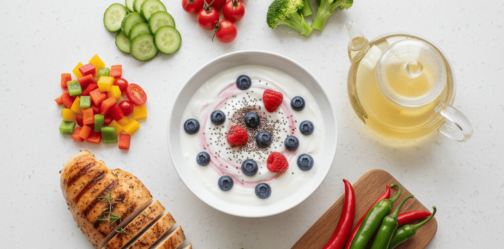 Healthy weight loss foods including protein, vegetables, and metabolism boosters arranged on kitchen