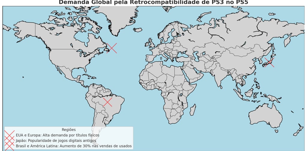 Mapa ilustrando a demanda global pela retrocompatibilidade do PS3 no PS5, com foco nos mercados