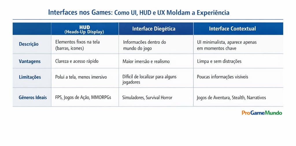 Tabela comparativa entre HUD, interface diegética e interface contextual.