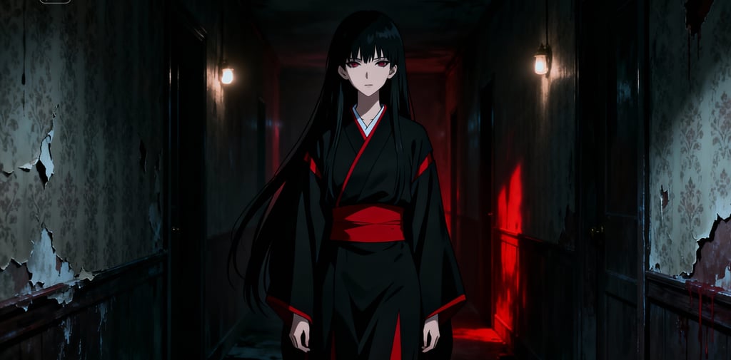 Immagine di Enma AI la protagonista dell'anime "Jogoku Shoujo", al centro di un corridoio