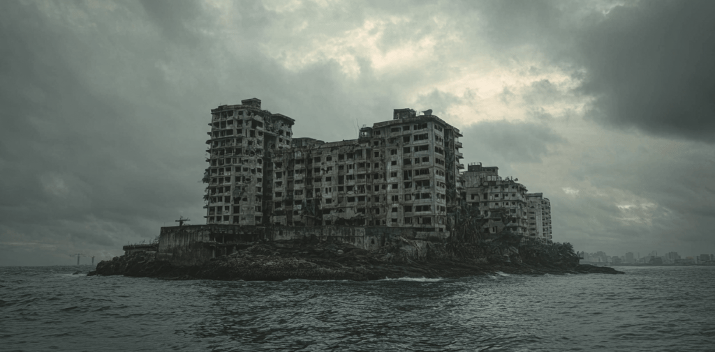 Isola di Hashima con un edificio logoro abbandonato.