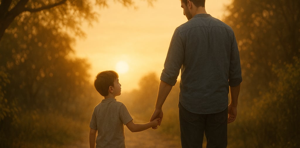Pai e filho caminhando sob luz suave ao entardecer, simbolizando o ensino dos caminhos do Senhor com