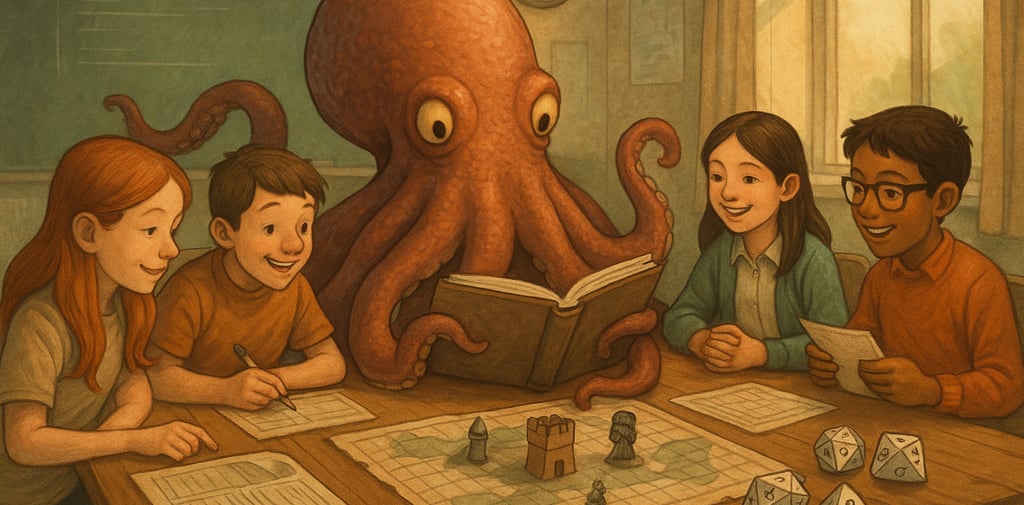 a group of people sitting around a table with a octopus