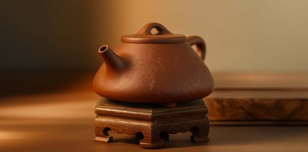 A brown teapot with carved artwork placed on a wooden stand