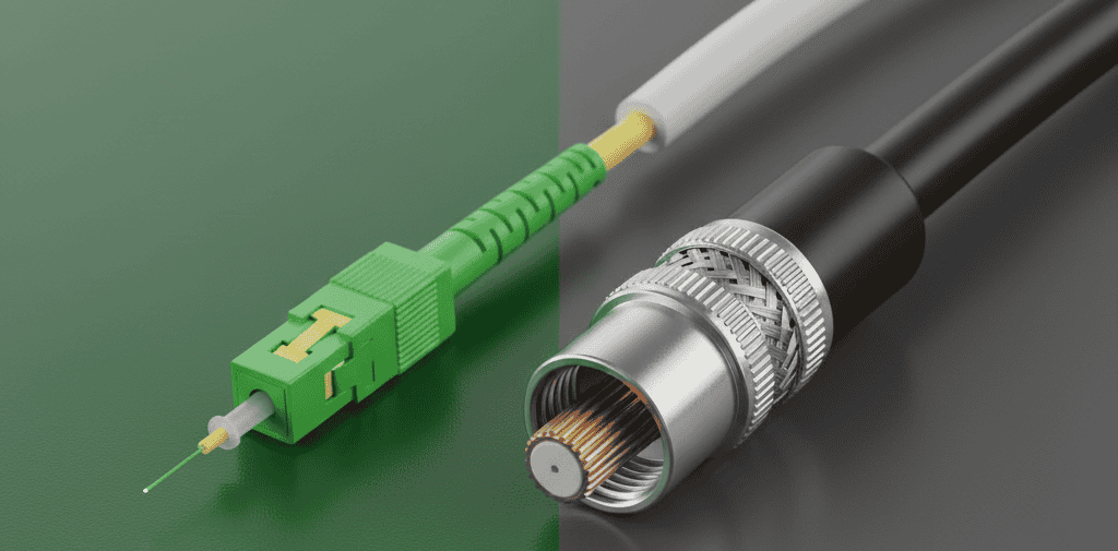 a fiber optic cable and a coaxial copper cable