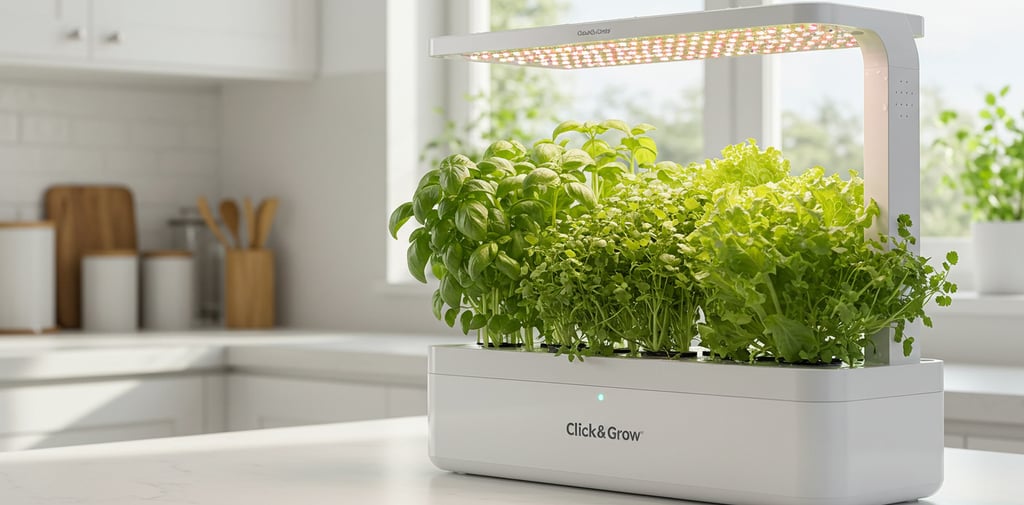 Click and Grow Smart Garden hydroponic herb system LED lights kitchen counter