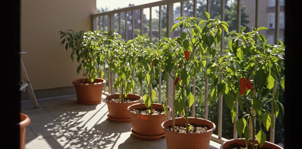 Balcony pepper plants in optimal sunlight