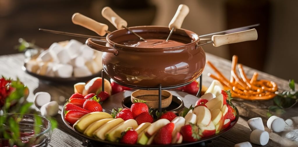 chocolate fondue marshmallows strawberries and apples